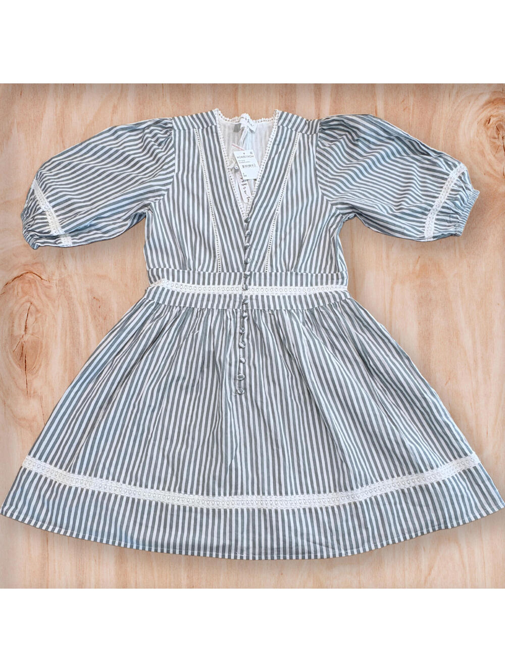 Maisie Blue and White Striped Puff Sleeve Dress Size S New with Tags